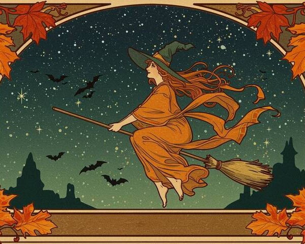 空飛ぶホウキに跨がる魔女