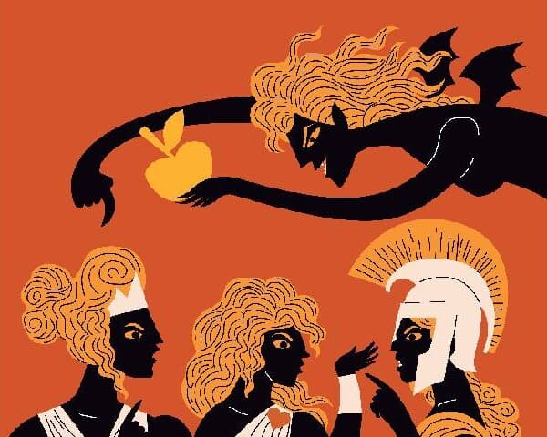 アテナ・アフロディーテ・ヘラに林檎を投げ込むエリス