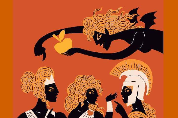 アテナ・アフロディーテ・ヘラに林檎を投げ込むエリス